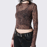 BXOXO Leopard Print Mesh Sheer T-shirt Coquette See Through Long Sleeve Blouse Tees Women Ladies Vintage Crop Tops